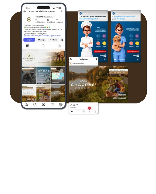 Collage de proyectos de contenido digital: Chacras y campaña de Fidely