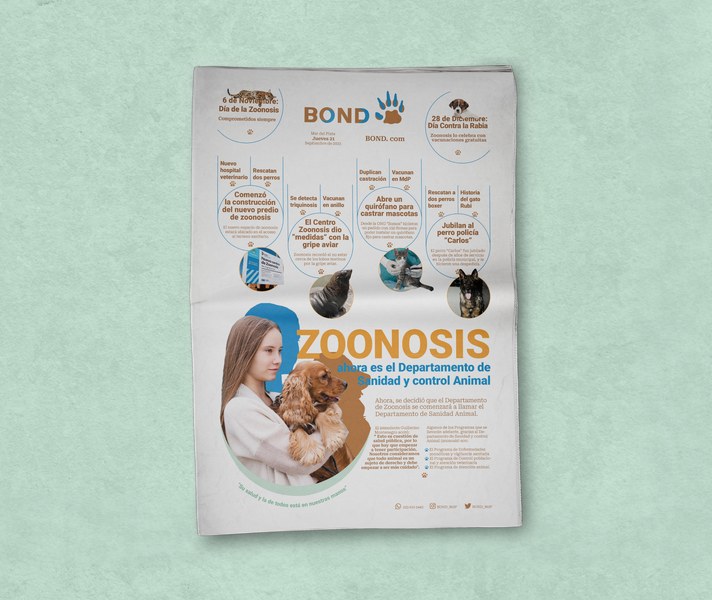 Portada del proyecto BOND: diario impreso sobre fondo verde