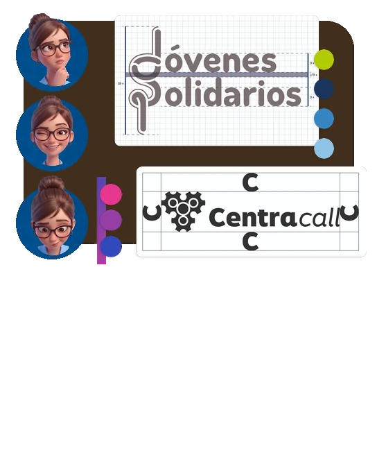 Collage de proyectos de branding: Jóvenes Solidarios, Centracall y Fidely
