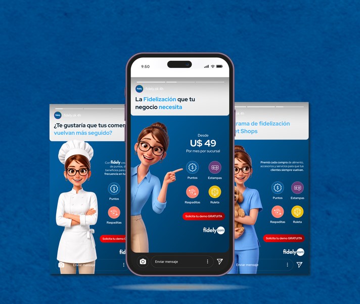 Portada de la campaña de Fidely: tres celulares con historias de Instagram