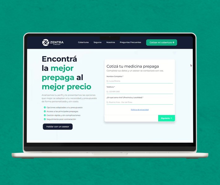 Portada de Zentra Group: landing page en una notebook